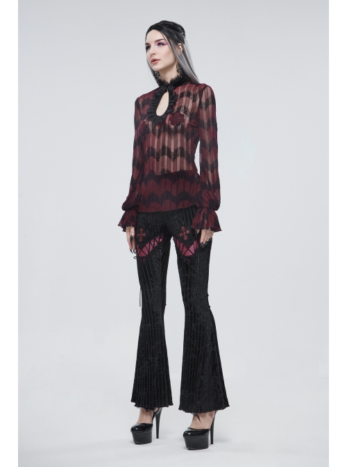 Black Gothic Striped Flocking V-Shaped Cross Lace Stitching Flared Pants