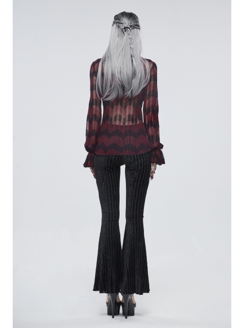 Black Gothic Striped Flocking V-Shaped Cross Lace Stitching Flared Pants