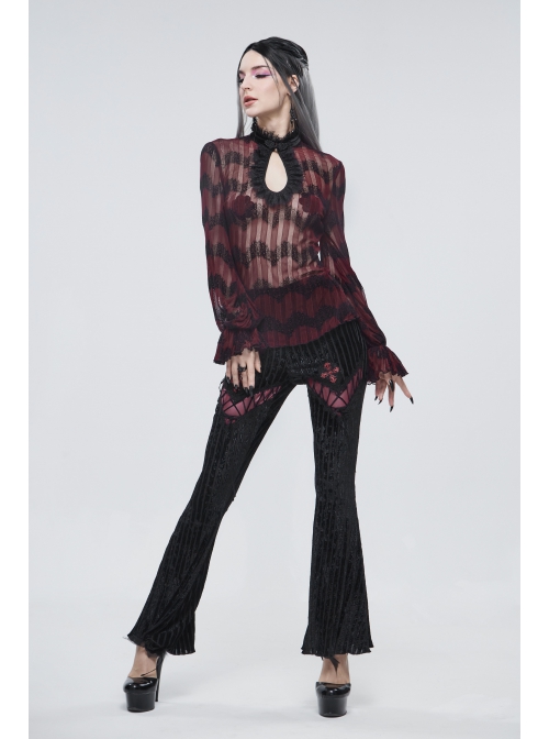 Black Gothic Striped Flocking V-Shaped Cross Lace Stitching Flared Pants
