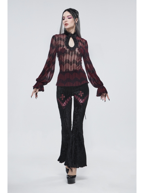 Black Gothic Striped Flocking V-Shaped Cross Lace Stitching Flared Pants