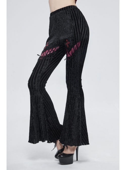 Black Gothic Striped Flocking V-Shaped Cross Lace Stitching Flared Pants