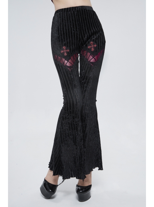 Black Gothic Striped Flocking V-Shaped Cross Lace Stitching Flared Pants
