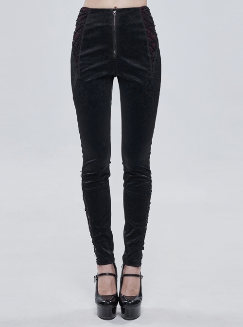 Gothic Textured Pattern Red Lace Decoration Metal Zipper Mid-High Waist Tie Trousers