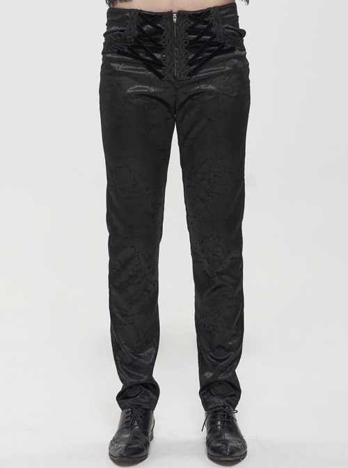 Glossy Pattern Drawstring Lace Decoration Black Gothic Slim Men Pants