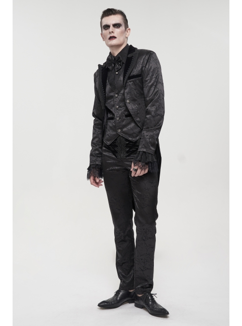 Glossy Pattern Drawstring Lace Decoration Black Gothic Slim Men Pants