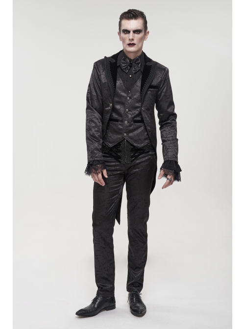 Glossy Pattern Drawstring Lace Decoration Black Gothic Slim Men Pants