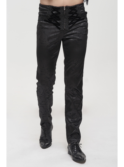 Glossy Pattern Drawstring Lace Decoration Black Gothic Slim Men Pants