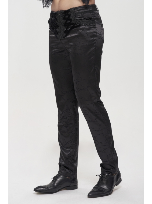 Glossy Pattern Drawstring Lace Decoration Black Gothic Slim Men Pants