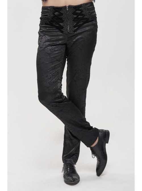 Glossy Pattern Drawstring Lace Decoration Black Gothic Slim Men Pants