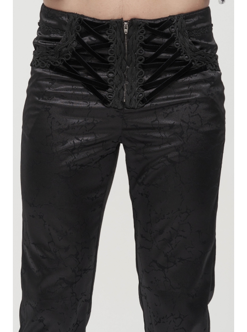 Glossy Pattern Drawstring Lace Decoration Black Gothic Slim Men Pants