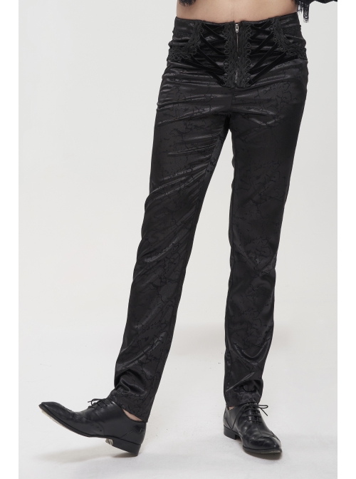 Glossy Pattern Drawstring Lace Decoration Black Gothic Slim Men Pants