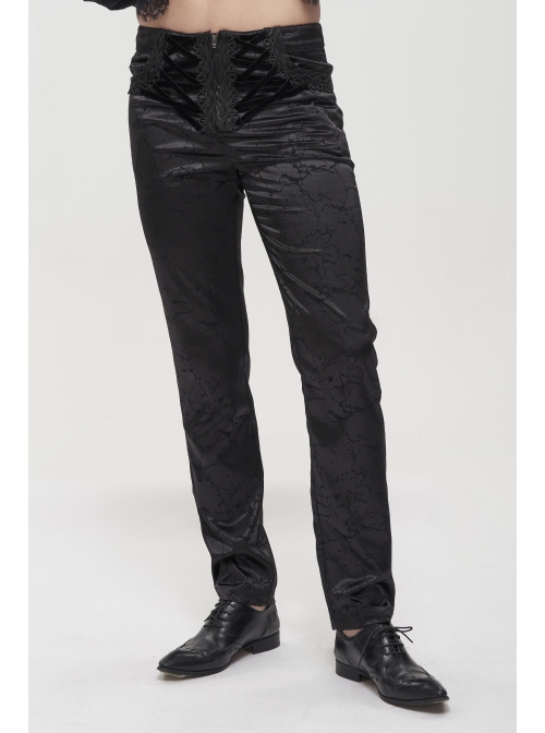 Glossy Pattern Drawstring Lace Decoration Black Gothic Slim Men Pants