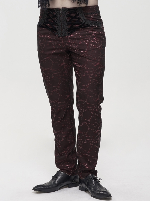 Glossy Pattern Drawstring Lace Decoration Wine Red Gothic Slim Men Pants