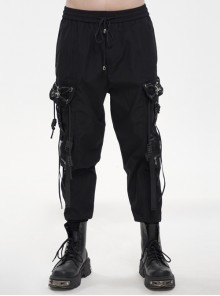 Fine Twill Two-Wear Metal Buckle Chain Decoration Black Punk Male Pants