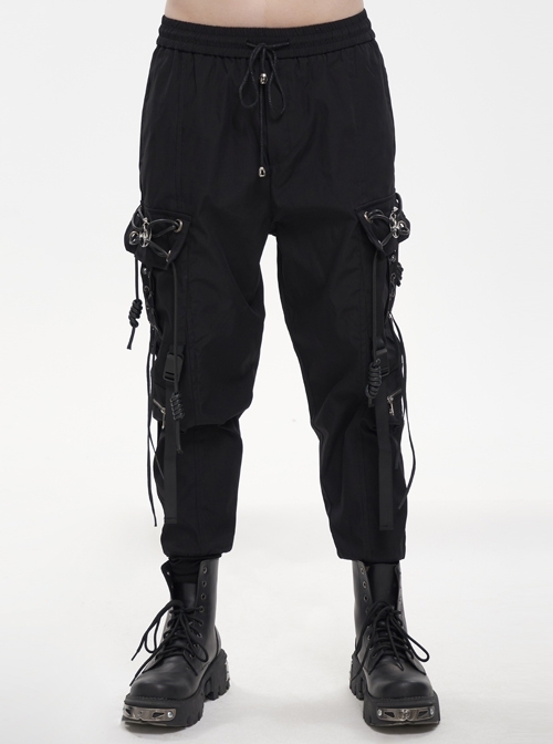 Fine Twill Two-Wear Metal Buckle Chain Decoration Black Punk Male Pants