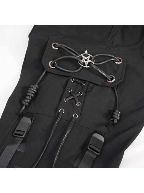 Fine Twill Two-Wear Metal Buckle Chain Decoration Black Punk Male Pants
