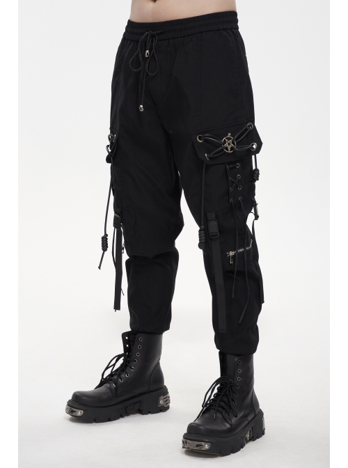 Fine Twill Two-Wear Metal Buckle Chain Decoration Black Punk Male Pants