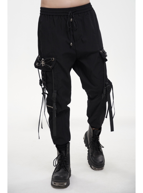 Fine Twill Two-Wear Metal Buckle Chain Decoration Black Punk Male Pants