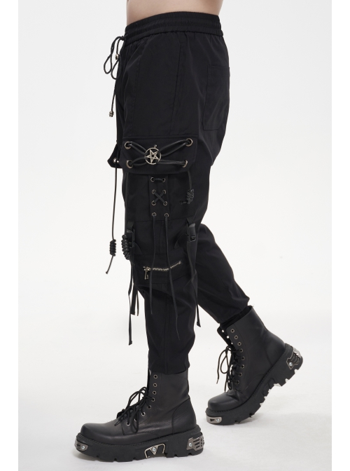 Fine Twill Two-Wear Metal Buckle Chain Decoration Black Punk Male Pants