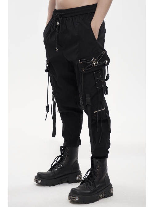 Fine Twill Two-Wear Metal Buckle Chain Decoration Black Punk Male Pants