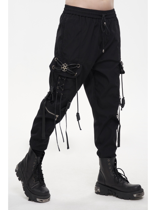 Fine Twill Two-Wear Metal Buckle Chain Decoration Black Punk Male Pants