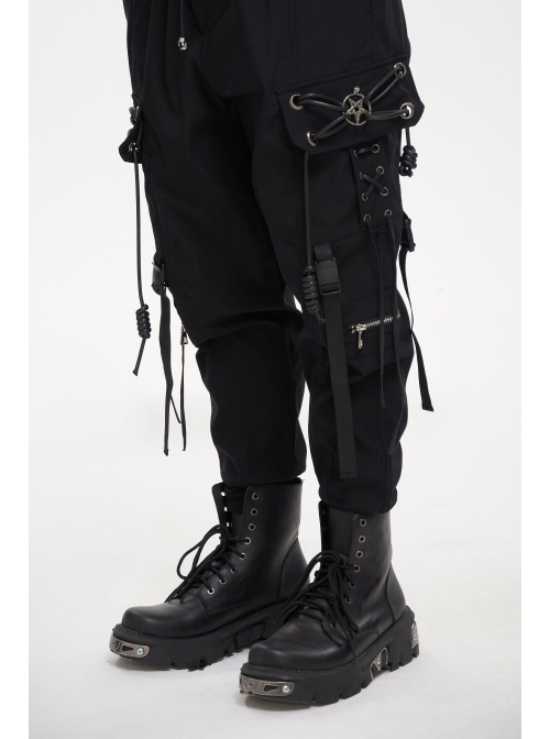 Fine Twill Two-Wear Metal Buckle Chain Decoration Black Punk Male Pants