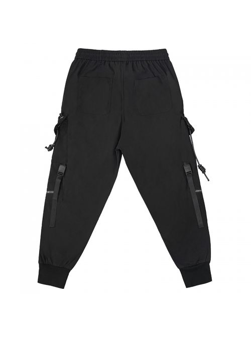Fine Twill Two-Wear Metal Buckle Chain Decoration Black Punk Male Pants