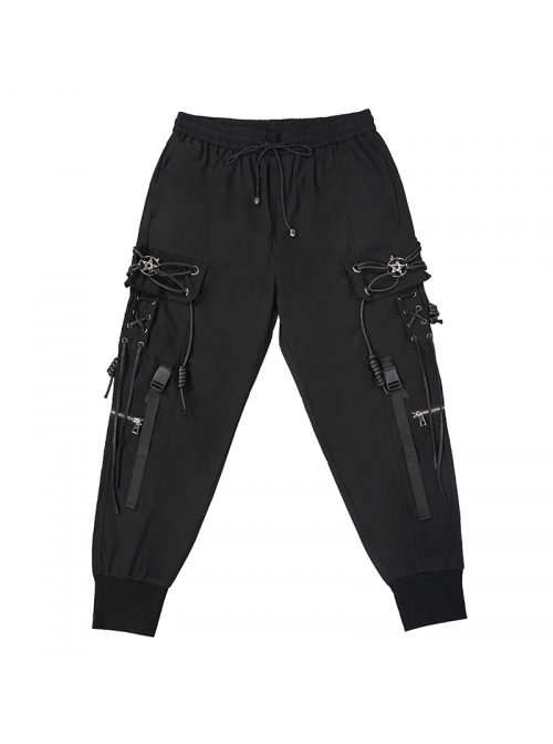 Fine Twill Two-Wear Metal Buckle Chain Decoration Black Punk Male Pants