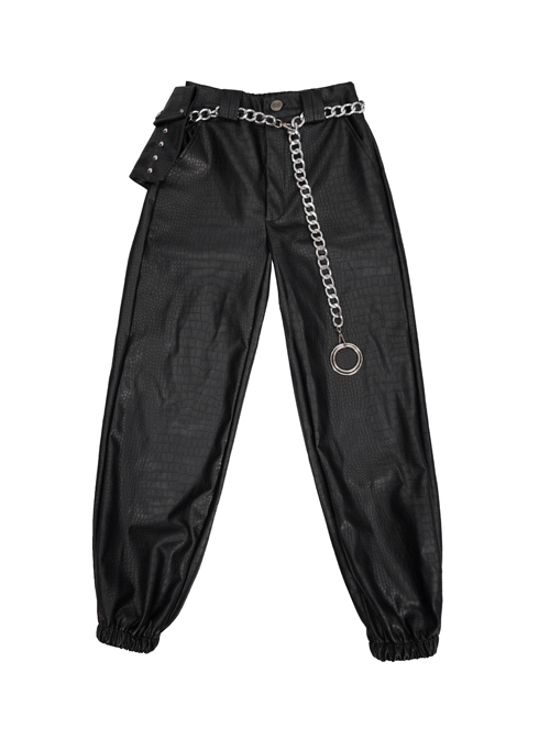 Black Crocodile Pattern Metal Chain Design Gothic Lantern Female Leather Pants