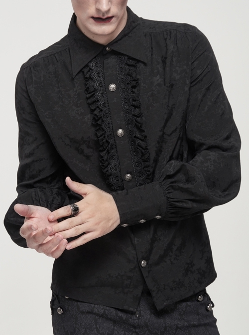 Gothic Metal Pattern Buckle Long Sleeve Pleated Lace Lantern Shape Printing Pattern Male Shirt