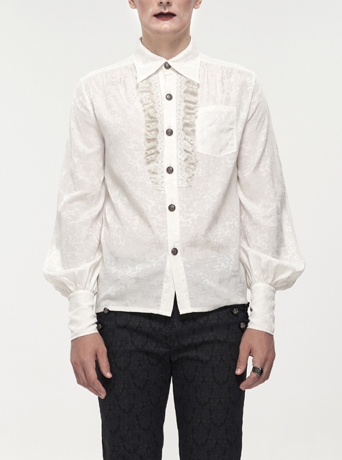 Gothic Metal Pattern Buckle Long Sleeve Pleated Lace Lantern Shape Printing Pattern Male Shirt