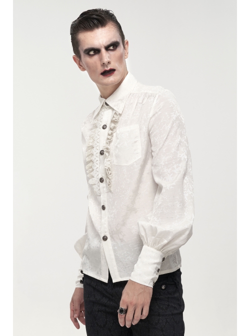 Gothic Metal Pattern Buckle Long Sleeve Pleated Lace Lantern Shape Printing Pattern Male Shirt