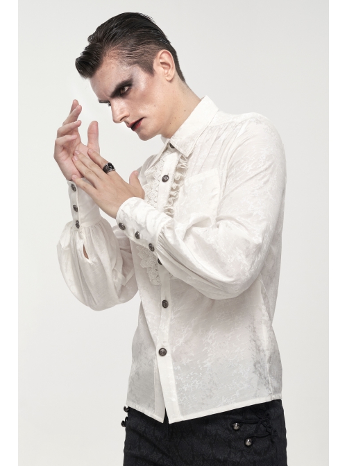 Gothic Metal Pattern Buckle Long Sleeve Pleated Lace Lantern Shape Printing Pattern Male Shirt