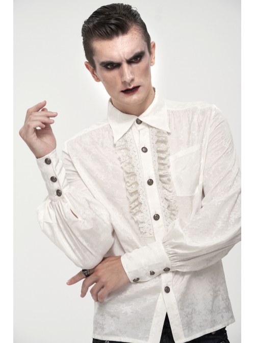 Gothic Metal Pattern Buckle Long Sleeve Pleated Lace Lantern Shape Printing Pattern Male Shirt
