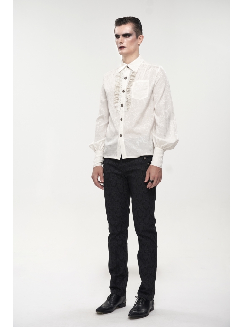 Gothic Metal Pattern Buckle Long Sleeve Pleated Lace Lantern Shape Printing Pattern Male Shirt