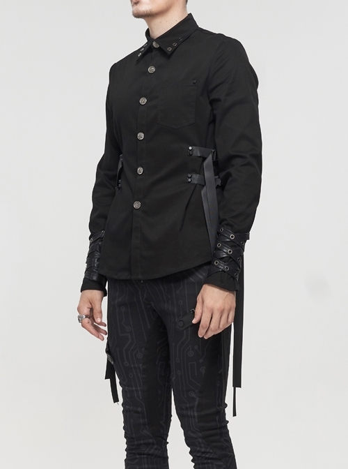 Black Punk Nylon Strap Metal Buckle Decoration Long Sleeve Elasticity Thick Shirt