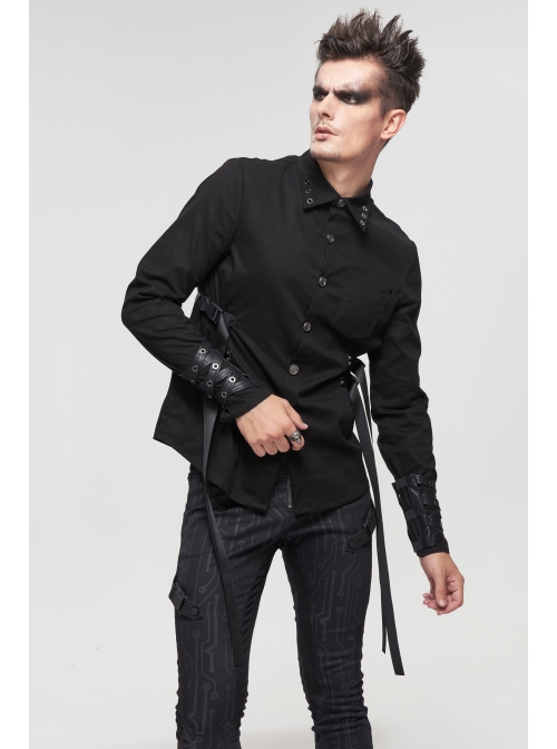 Black Punk Nylon Strap Metal Buckle Decoration Long Sleeve Elasticity Thick Shirt
