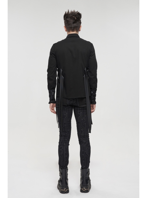 Black Punk Nylon Strap Metal Buckle Decoration Long Sleeve Elasticity Thick Shirt