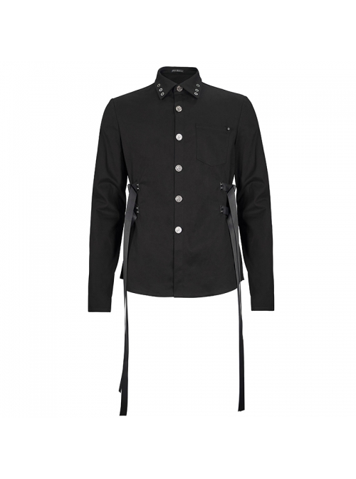 Black Punk Nylon Strap Metal Buckle Decoration Long Sleeve Elasticity Thick Shirt