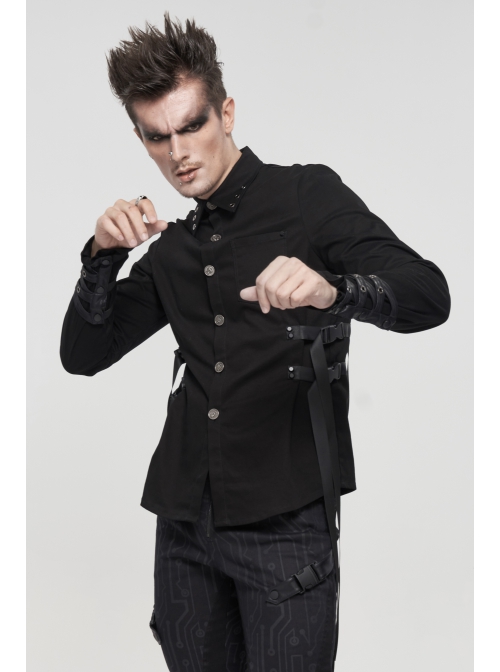 Black Punk Nylon Strap Metal Buckle Decoration Long Sleeve Elasticity Thick Shirt