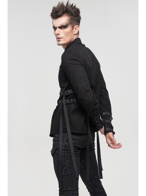 Black Punk Nylon Strap Metal Buckle Decoration Long Sleeve Elasticity Thick Shirt