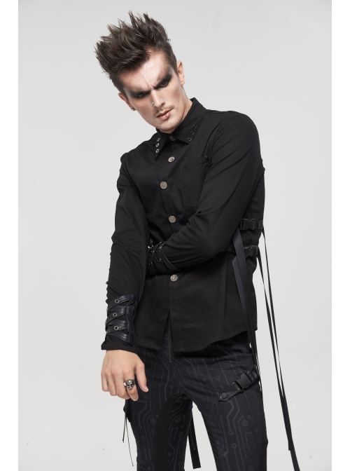 Black Punk Nylon Strap Metal Buckle Decoration Long Sleeve Elasticity Thick Shirt