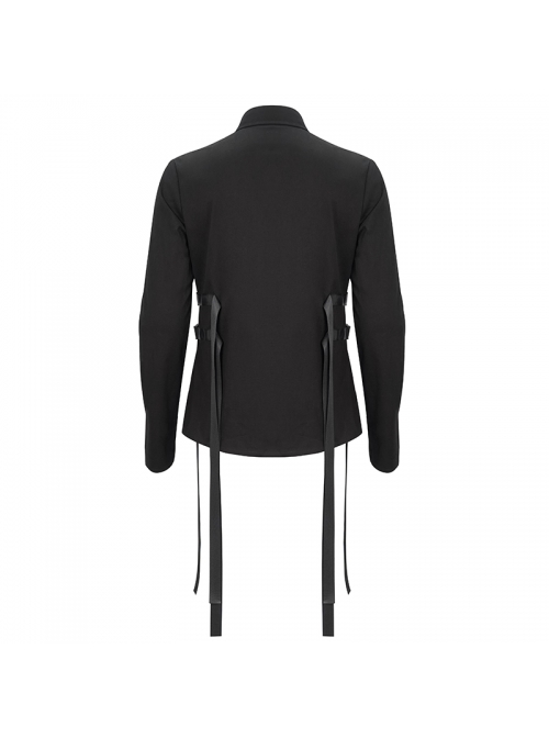 Black Punk Nylon Strap Metal Buckle Decoration Long Sleeve Elasticity Thick Shirt