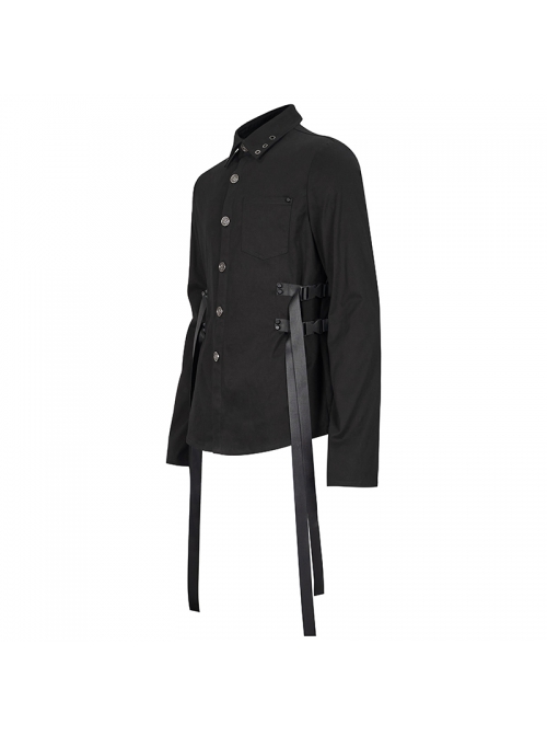Black Punk Nylon Strap Metal Buckle Decoration Long Sleeve Elasticity Thick Shirt