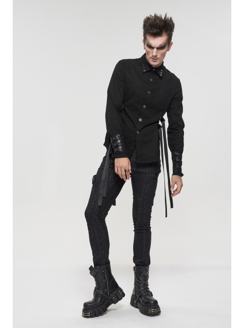 Black Punk Nylon Strap Metal Buckle Decoration Long Sleeve Elasticity Thick Shirt