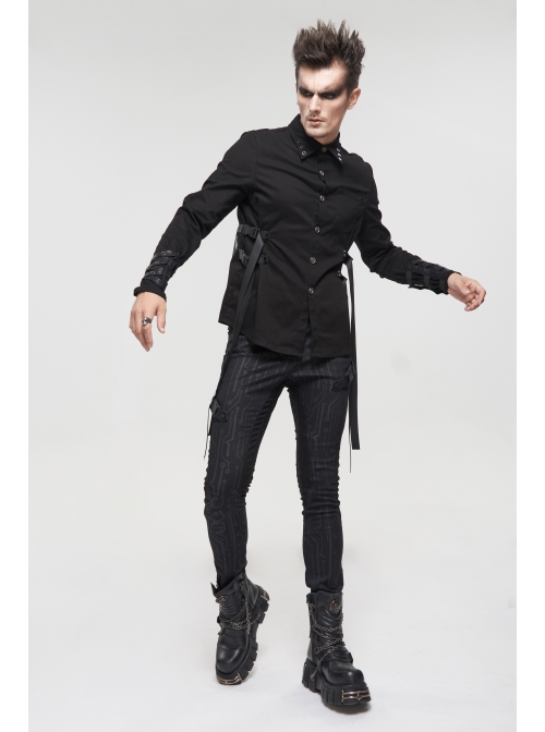 Black Punk Nylon Strap Metal Buckle Decoration Long Sleeve Elasticity Thick Shirt