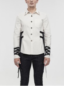 White Punk Nylon Strap Metal Buckle Decoration Long Sleeve Elasticity Thick Shirt