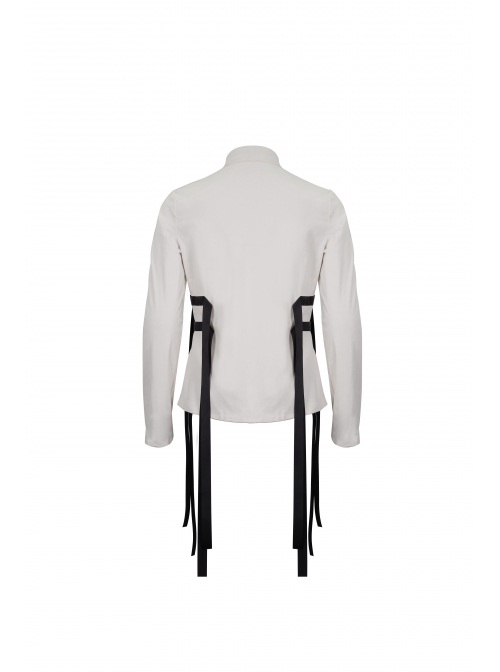 White Punk Nylon Strap Metal Buckle Decoration Long Sleeve Elasticity Thick Shirt