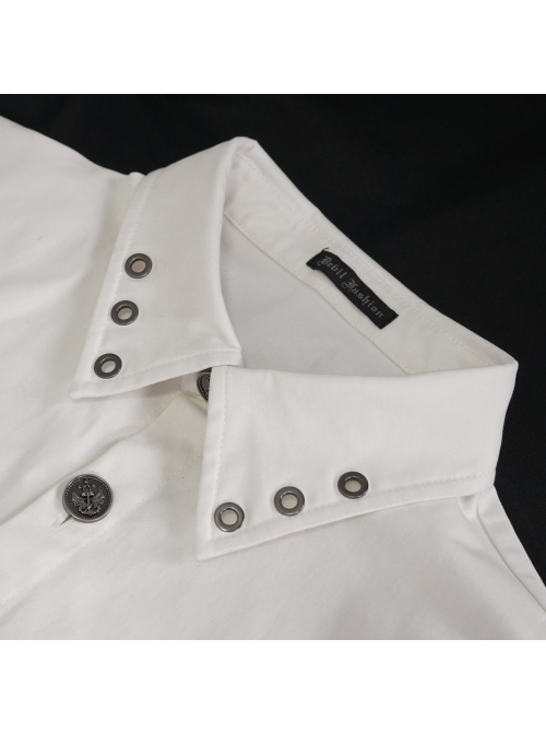 White Punk Nylon Strap Metal Buckle Decoration Long Sleeve Elasticity Thick Shirt