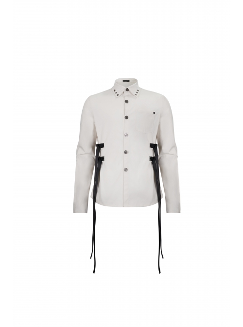White Punk Nylon Strap Metal Buckle Decoration Long Sleeve Elasticity Thick Shirt